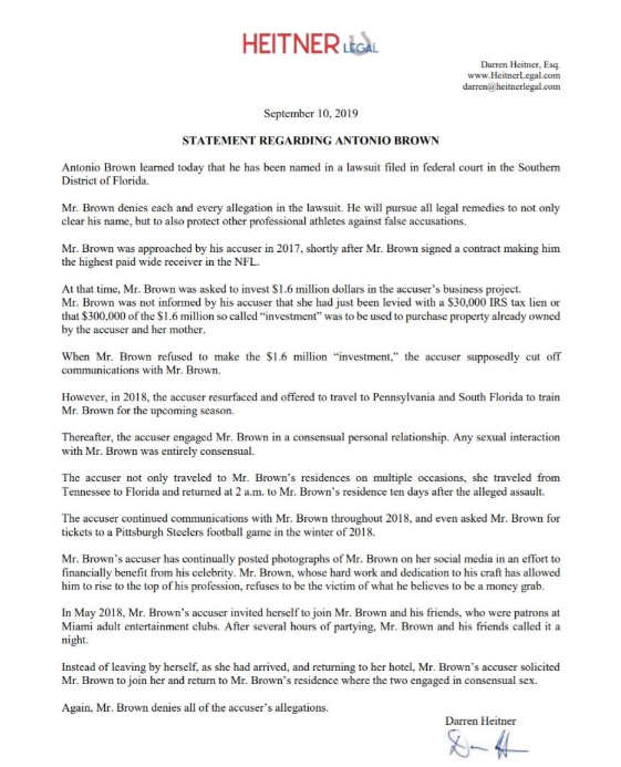 <a href="/Patriots/">New England Patriots</a> JUST IN: Here's a statement from #AntonioBrown's lawyer on today's lawsuit/allegations.

"Mr. Brown denies each and every allegation in the lawsuit." 

(via: <a href="/heitner/"></a>)