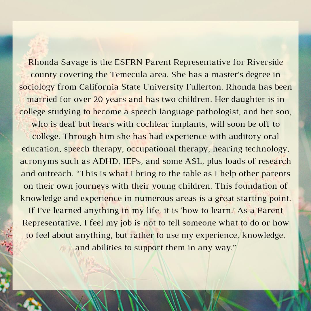 EarlyStartFRN's tweet photo. Rhonda Savage is an ESFRN Parent Representative for the TEMECULA area.😊 SWIPE RIGHT FOR HER BIO. #ParentToParentSupport #earlystartfamilyresourcenetwork #EarlyStartProgram #Family #ESFRN https://t.co/5J5hgOd1Js