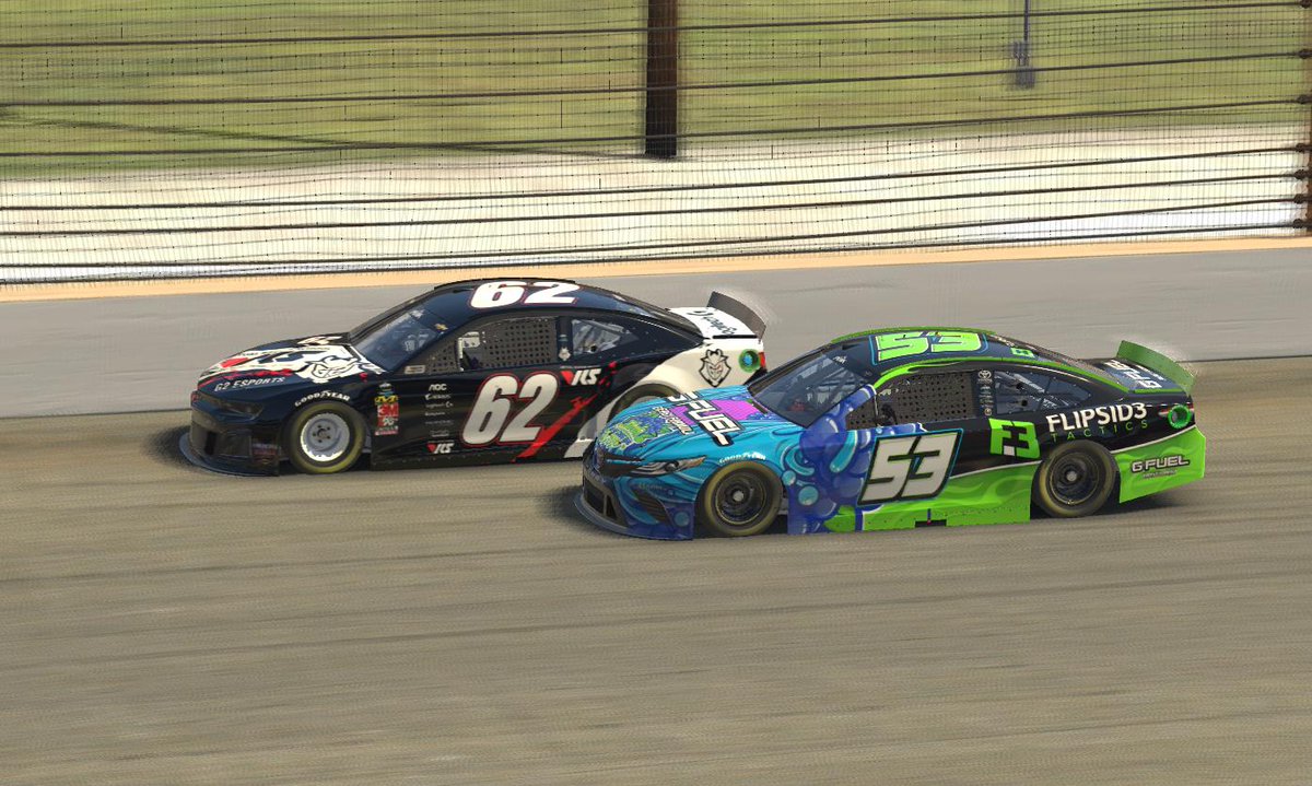 Two of the most dominant drivers in the 2019 #eNPAiS season, @RyanLuza makes the move around @KeeganLeahy for the lead early at @IMS. #eNASCAR @iRacing #ReachThePEAK