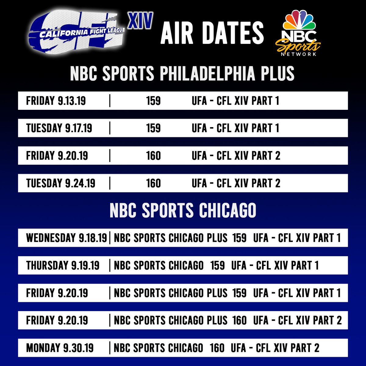 cfl_mma's tweet photo. All Air Dates For CFL XIV!! https://t.co/l8KQGzQj79