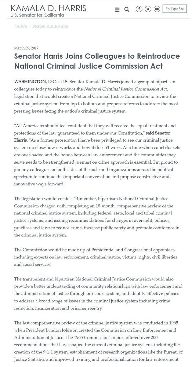 50 Times  #Kamala Accomplished/Advocated for  #CriminalJusticeReform42.SEN- Reintroduced (along with colleagues) the National Criminal Justice Commission Act. Creates a National CJ Commission to review & propose reforms to address the most pressing issues facing the CJ system.
