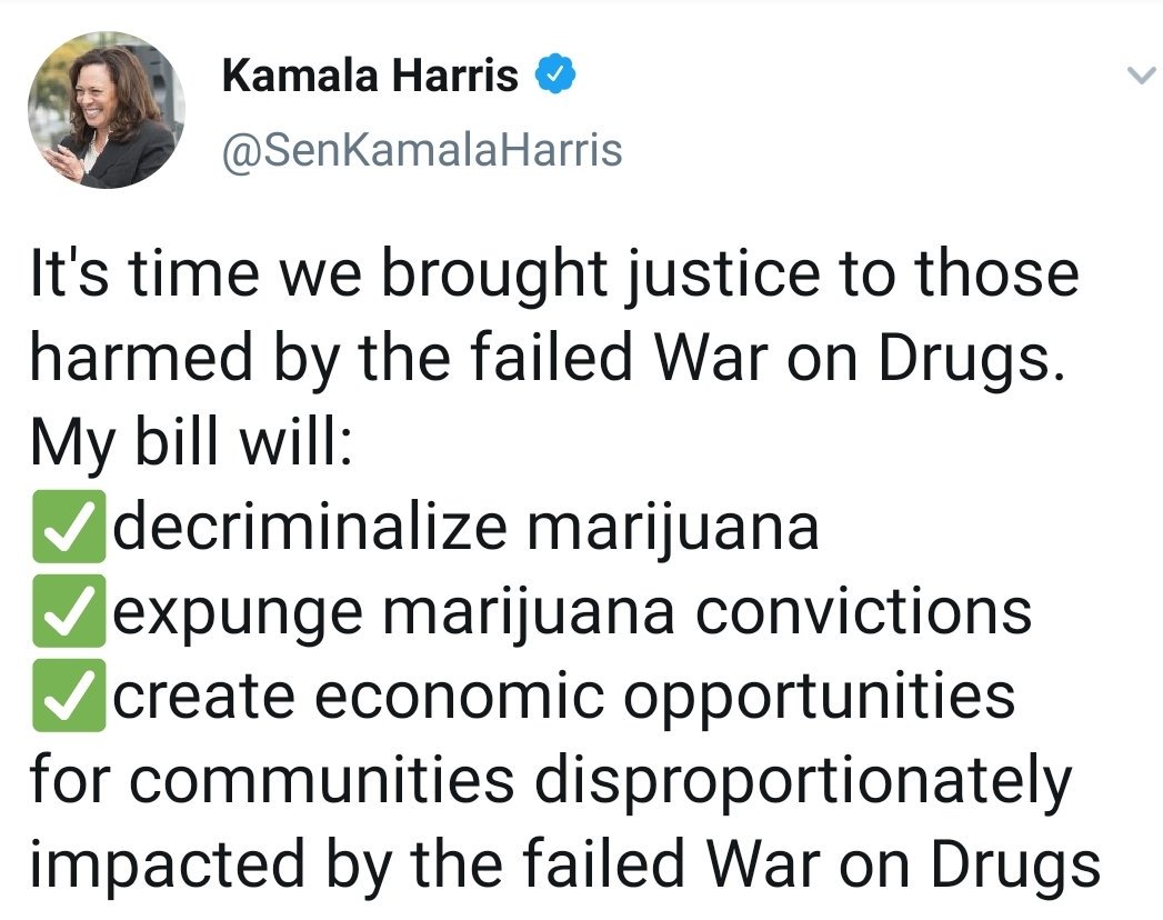 50 Times  #Kamala Accomplished/Advocated for  #CriminalJusticeReform43.SEN- Sponsored bill that would legalize marijuana; expunge prior convictions,require re-sentencing hearings for those still under supervision;& invest money in communities adversely impacted by the War on Drugs