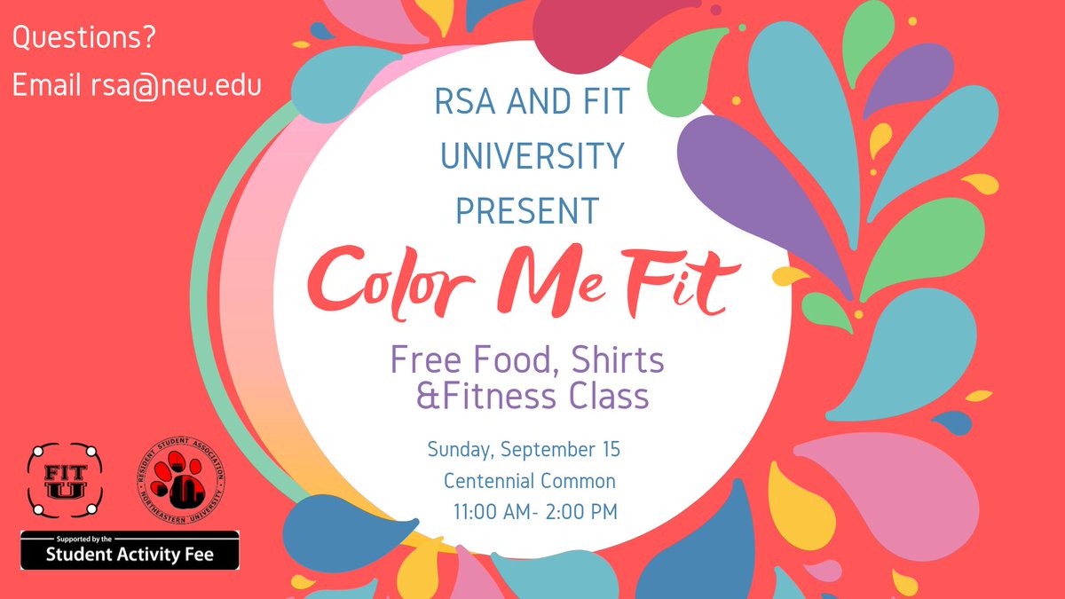 Join the Resident Student Association and Fit University for our annual FREE color run!  Enjoy a run around campus followed by a group fitness class, along with FREE Acai and Chia bowls!  

SHIRTS WILL BE PROVIDED :D