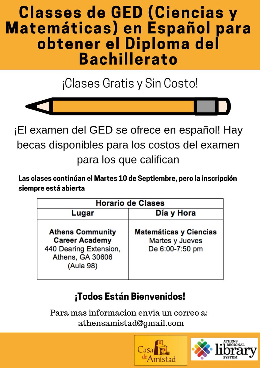 AthensAmistad's tweet photo. Quiere obtener su GED en español GRATIS???
La inscripción es continua, venga a visitarnos!!!
Auspiciados por Casa de Amistad y con la ayuda de Career Academy.

Free GED classes at Career Academy, please come to learn about the classes and share with your friends! https://t.co/T3Po2ljCCL
