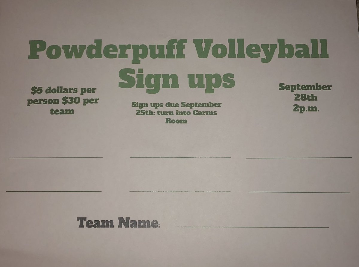 The Powderpuff volleyball fundraiser will be on September 28th at 2p.m in the CHS gym!! Boys, sign ups will be in carms room starting tomorrow! Be sure to fill one out, it’ll be a fun time!!! 🏐🏐🏐