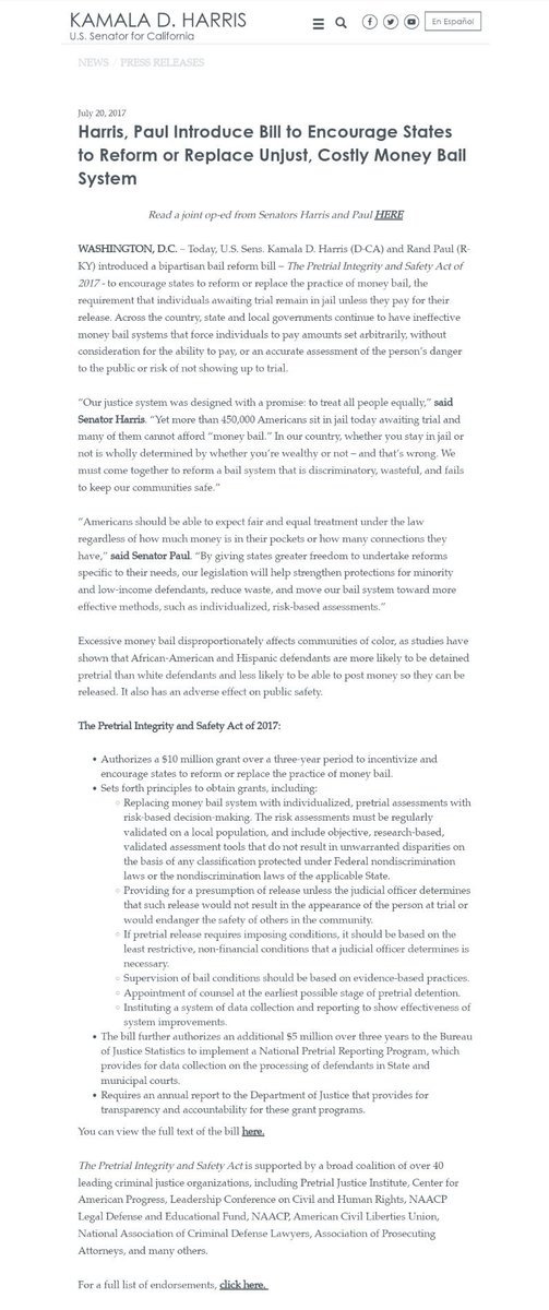 50 Times  #Kamala Accomplished/Advocated for  #CriminalJusticeReform44.SEN- Sponsored the Pretrial Integrity and Safety Act of 2017 - to encourage states to reform or replace the practice of money bail. https://twitter.com/SenKamalaHarris/status/908378487626530816?s=19