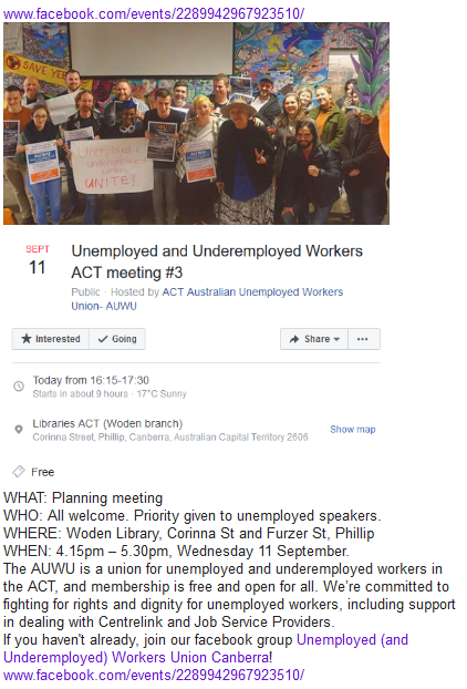WgarNews's tweet photo. @3wombats @BlakandBlack @AusUnemployment @MorpheusBeing @anne_clothier @LadyPoop2 @RobRobbEdwards @prudinx @paulinehollywoo @RightsLGBTI @Absurd_Penguin #Unemployed &amp; #UnderemployedWorkers #ACTmeeting #3
Host #ACTAustralianUnemployedWorkersUnion- #AUWUACT #ACTUWU #ACTAUWU 
Today 16:15 #LibrariesACT #Woden #Canberra 
https://t.co/4ZQYEJEDy8
https://t.co/yQ1EeuHr68
#AboriginalPoverty #RaiseTheRate #Poverty #IncreaseCentrelink https://t.co/8OJHUjlrjF