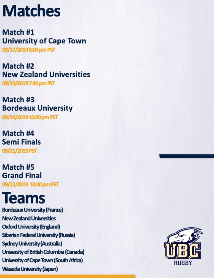 4️⃣ more sleeps until your Thunderbirds fly to Tokyo to compete in the World University Rugby Invitational Tournament! UBC will be the sole team from North America and will look to improve on the 3rd place finish in the 2015 edition of this quadrennial event 🇯🇵 #gobirdsgo