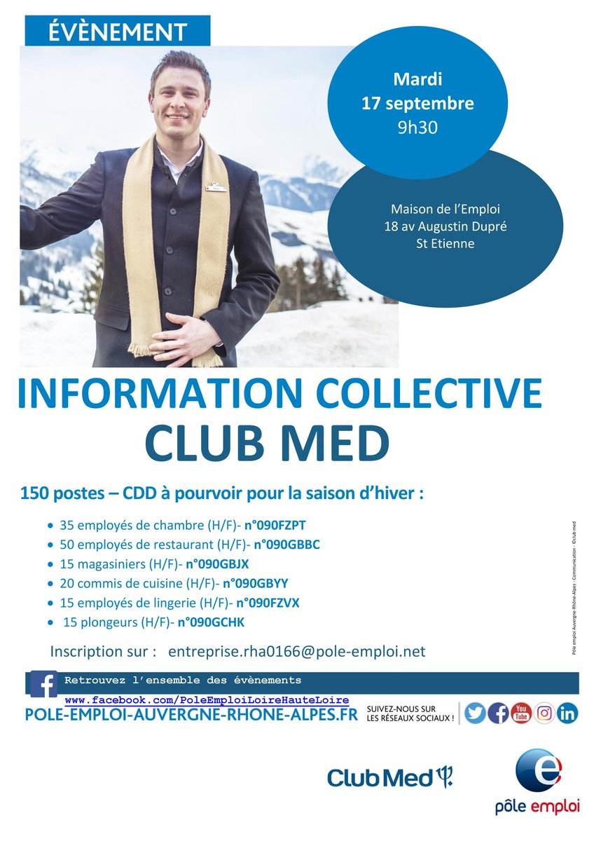 #poleemploi accompagne #clubMed  pour recruter et former  pour la saison d'hiver dans les metiers de l #hotellerie et la #restauration.
