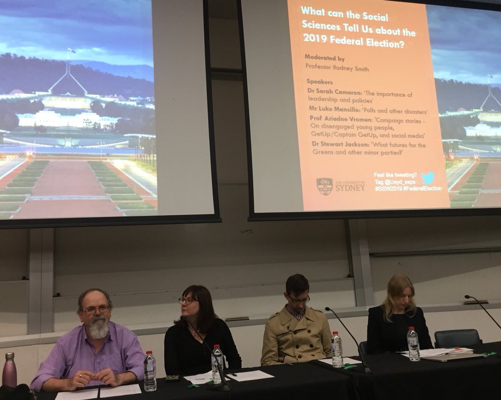 Syd Uni Dept of Government and International Relations doing its bit for Social Sciences Week. What can the Social Sciences tell us about the 2019 Federal election? @usyd_ssps #SSW2019 #FederalElection
