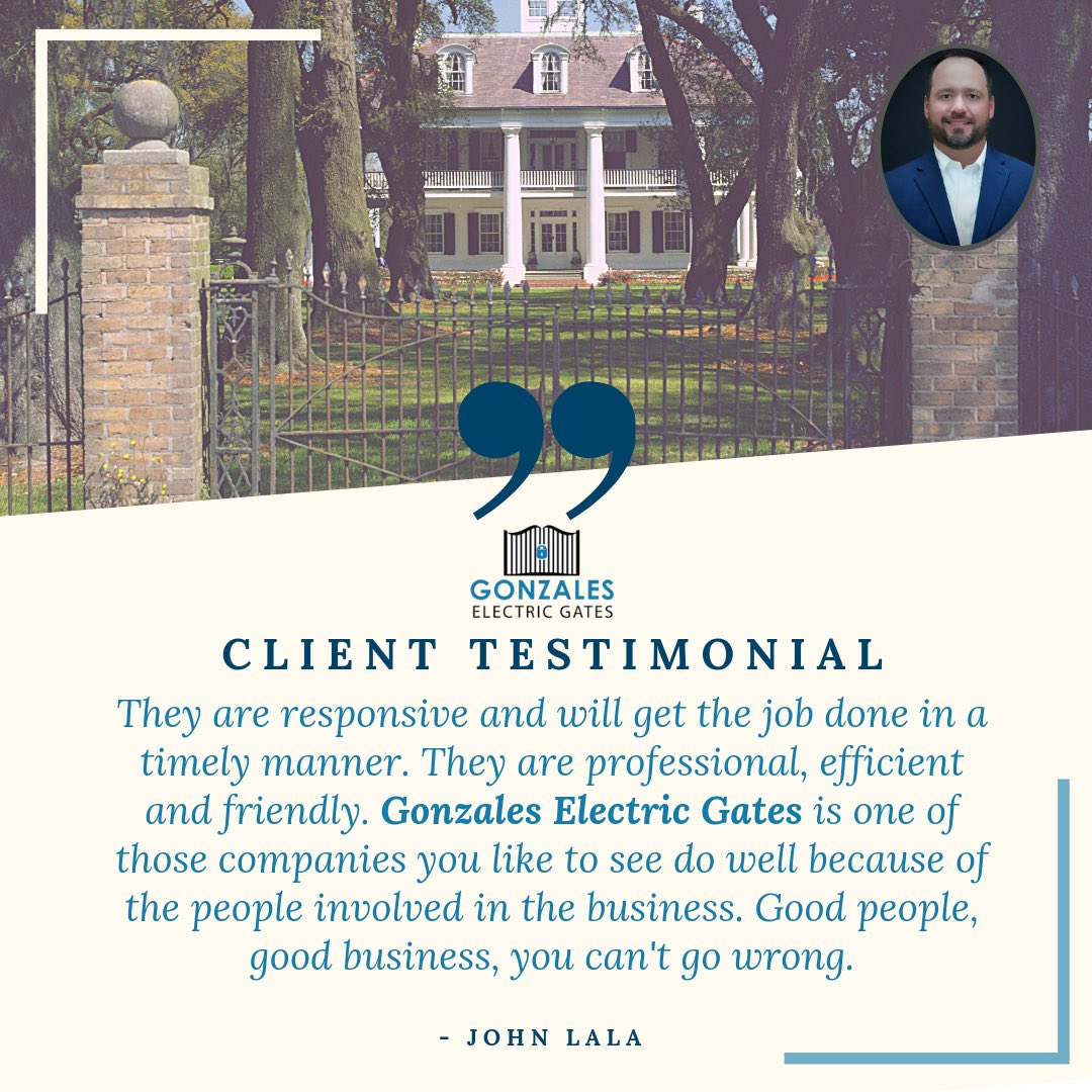 GonzalesGates's tweet photo. With a trusted business to guide you through the installation &amp; maintenance of owning an automatic gate, it's really a no-brainer 🧠! Let @GonzalesElectricGates show you how by messaging us today for more details.
👇👇👇 
Geaux to 💻
https://t.co/kn7Ntk2C9a #ClientTestimonial https://t.co/rv64iaM53f