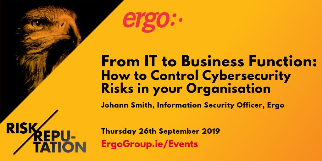 ErgoIreland's tweet photo. How can you minimise the cyber threats in your business? Johann Smith, our Information Security Officer, will be answering this question at our security event. Want to hear what he has to say? Register here https://t.co/7pwN7mfvi5 #RiskOverReputation @attcyber @CheckPointIrl https://t.co/gl8fL1Tz1q
