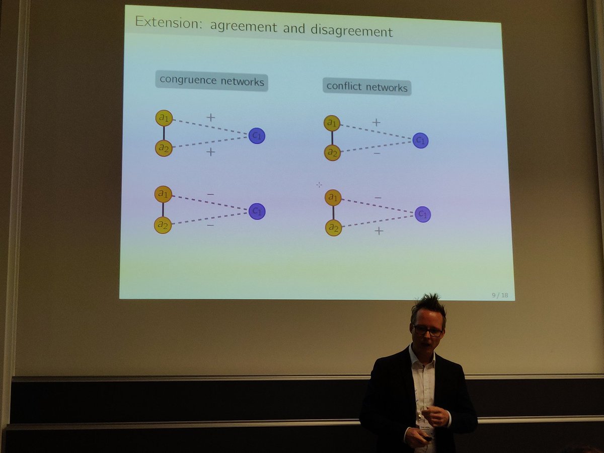 ComSocSci's tweet photo. .@PhilipLeifeld presenting on "congruence and conflict between political actors in policy discourse" @EUSNConference: Using rDNA we get #SignedNetworks for each debate and then a GA gives the level of polarization and opposing coalitions #NegativeTies #Polarization #EUSN2019 https://t.co/TdFnr5smzb