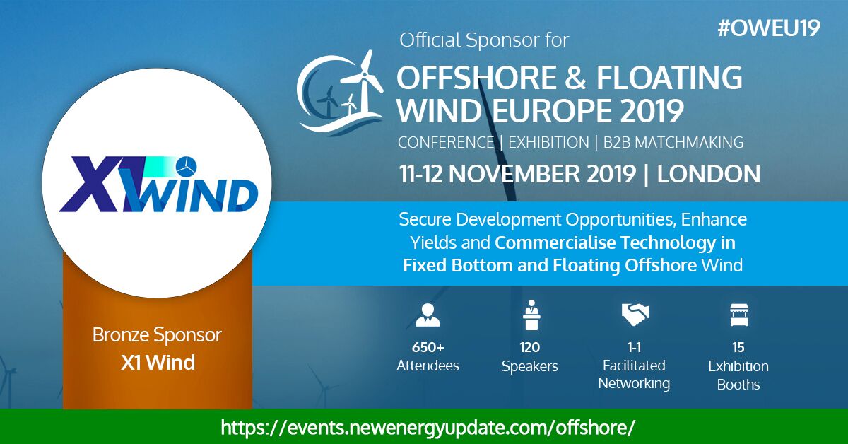 RE_Windpower's tweet photo. We’re delighted that @x1_wind will be an Official 
Bronze Sponsor of the 10th Annual #Offshore &amp; #Floating #Wind Europe Conference &amp; Exhibition. Visit the event website today: https://t.co/cghQz43pCb Pass prices increase soon, don’t delay! #OWEU19 #renewables https://t.co/uCQQsja0Yy