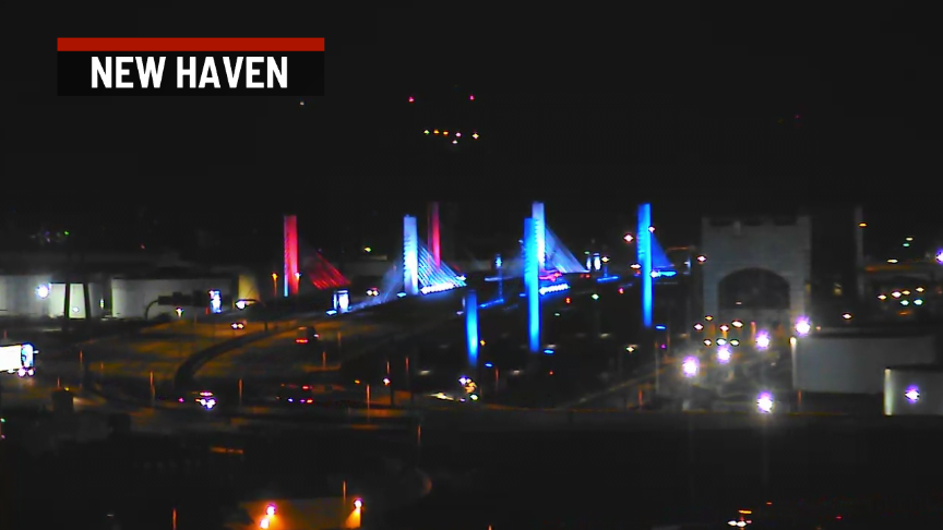 Ash_Baylor's tweet photo. The Pearl Harbor Memorial Bridge lit up in red, white, and blue this morning.  We'll see you on #GMCT through 8 AM on @WTNH 🇺🇸 https://t.co/1xIktTTwCb