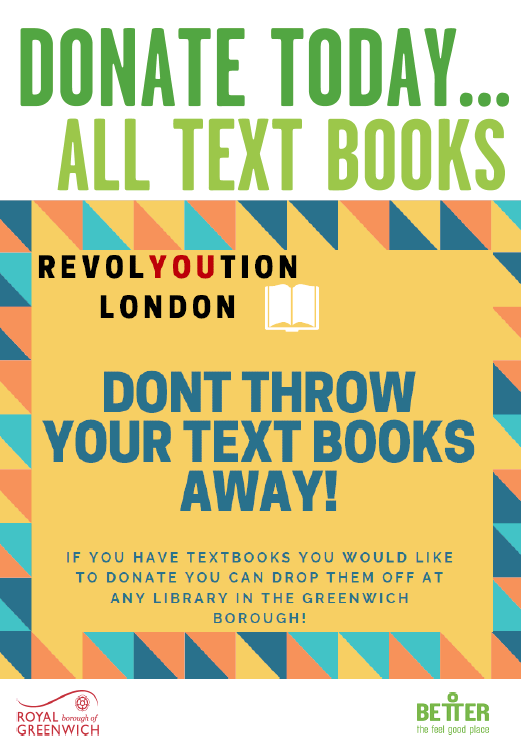 GreenwichLibs's tweet photo. Tomorrow, Thu the 12th of Sept, is the deadline for donating your textbooks. Donate to libraries in #Greenwich as part of the #REVEXCHANGE by 
@revolYOUtionLDN! Share resources among young people across the borough. 
@Royal_Greenwich @GreenwichHour 
@LDNLibraries
#loveyourlibrary https://t.co/MkoziMbrVP