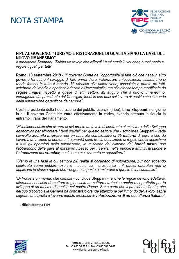 #Stoppani #Turismo #Ristorazione 
Le priorità sono 3: 
- #StesseRegole per tutti gli operatori della #ristorazione
- revisione sistema #BuoniPasto - no a gare al massimo ribasso
- introduzione dei #Voucher 
fipe.it/comunicazione/…