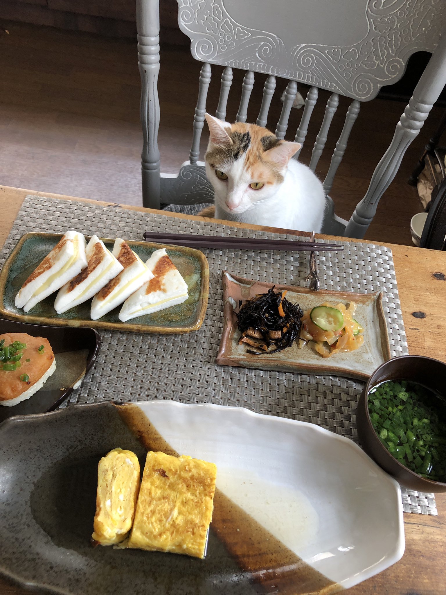マメ ｋ On Twitter 今日の朝昼飯はだし巻き卵 はんぺんのチーズサンド ひじき くらげときゅうりの和え物 味噌握り お吸い物 縞々がいないと平和な食卓 音芽