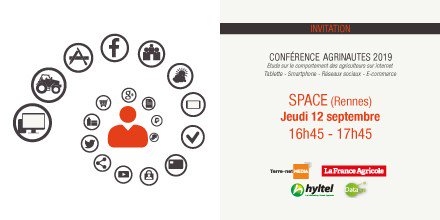 Conférence #Agrinautes 2019 sur les équipements, usages et attentes des #agriculteurs utilisant #internet #RéseauxSociaux #ecommerce #AgTech pour leur métier
📅 Jeudi 12 sept 2019 ⏱️ de 16h45 à 17h45 au <a href="/SPACERennes/">SPACE</a> salle 1 espace Région Bretagne)
➡️ p4trc.emv2.com/HM?b=qYrHXPcsh… ⬅️