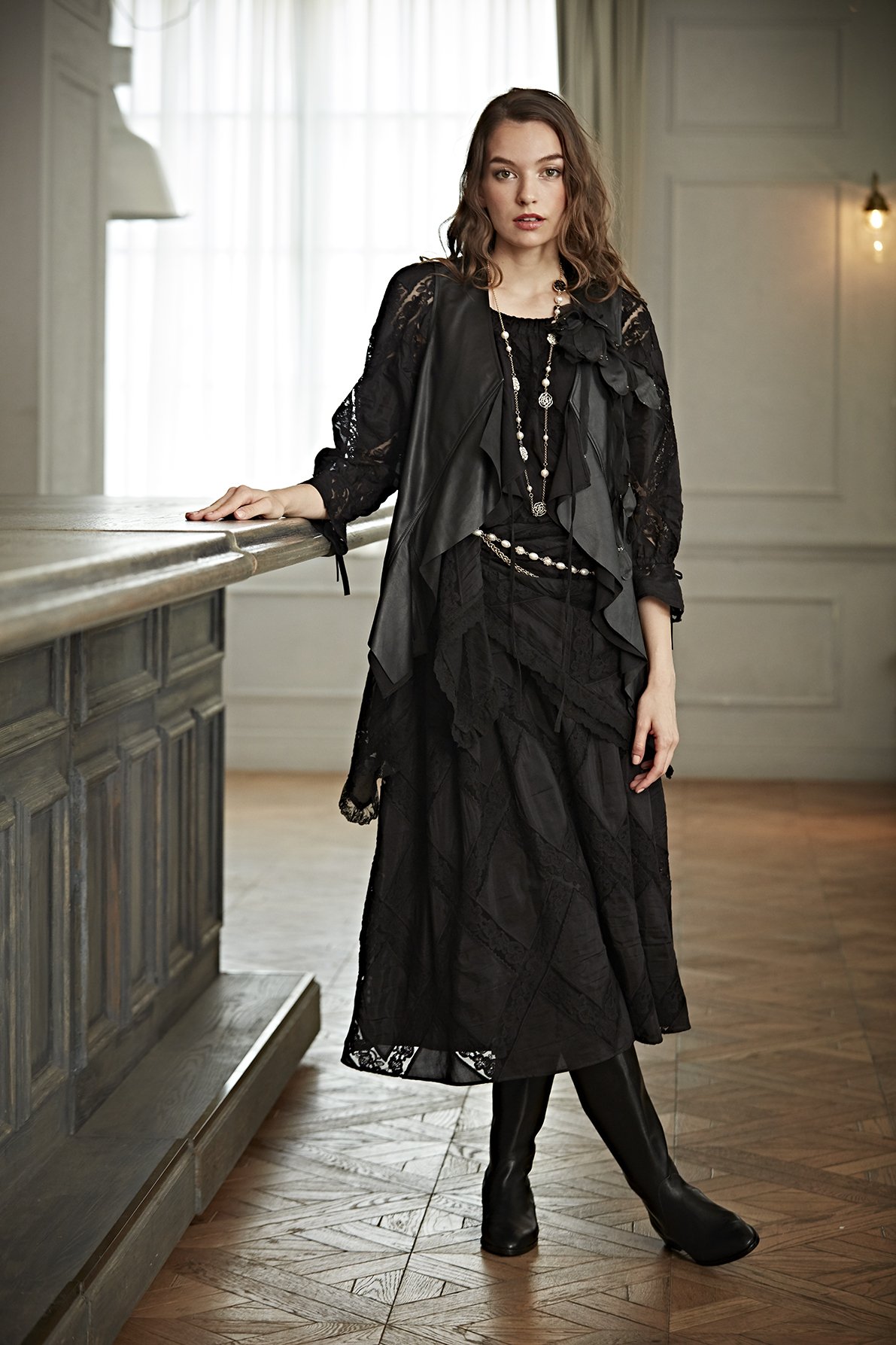 INGEBORG - インゲボルグ INGEBORG コットンシルクアーガイル刺繍コンビチュニック 3（9号）/ブラック 七分袖 レース ブラウス ピコ【2400014135725】 INGEBORG - インゲボルグ INGEBORG コットンシルクアーガイル