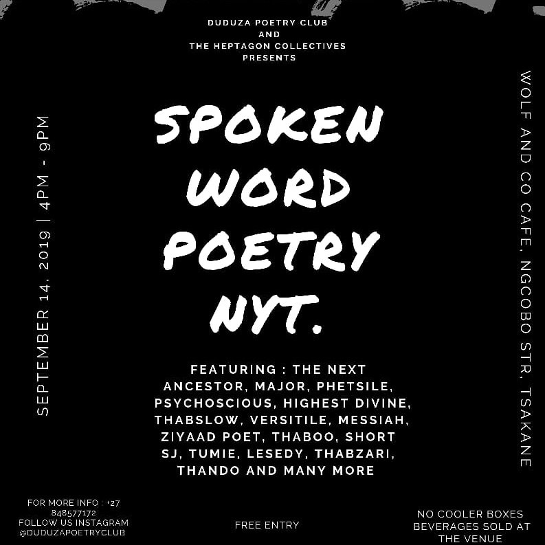 Here's what's going down in #localentertainment this weekend!

Duduza Poetry Club & The Heptagon Collective will be hosting a #spokenword #poetrysession at Wolf & Co Cafe in Tsakane.

#stimulatingcreativity #brighteningthefuture #isolembongi