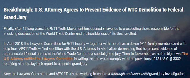 So why now? They cite the recent approval by the US Attorney's office of the Lawyers Committee For 9/11 Inquiry's (and more than a dozen 9/11 family members) request to present evidence of unprosecuted federal crimes at the World Trade Center to a special grand jury.