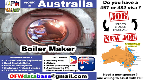 OFWDatabase's tweet photo. Boilermaker Jobs in Australia: #Boilermaker #welder #metal #fabrication #PermanentResidency #PR #Australia #OFW #POEA #workabroad #OFWlife #OFWdatabase #VisaAustralia #WorkInAustralia #OFWjobs #jobsInAustralia #OFWaustralia https://t.co/15UCIrKiBL