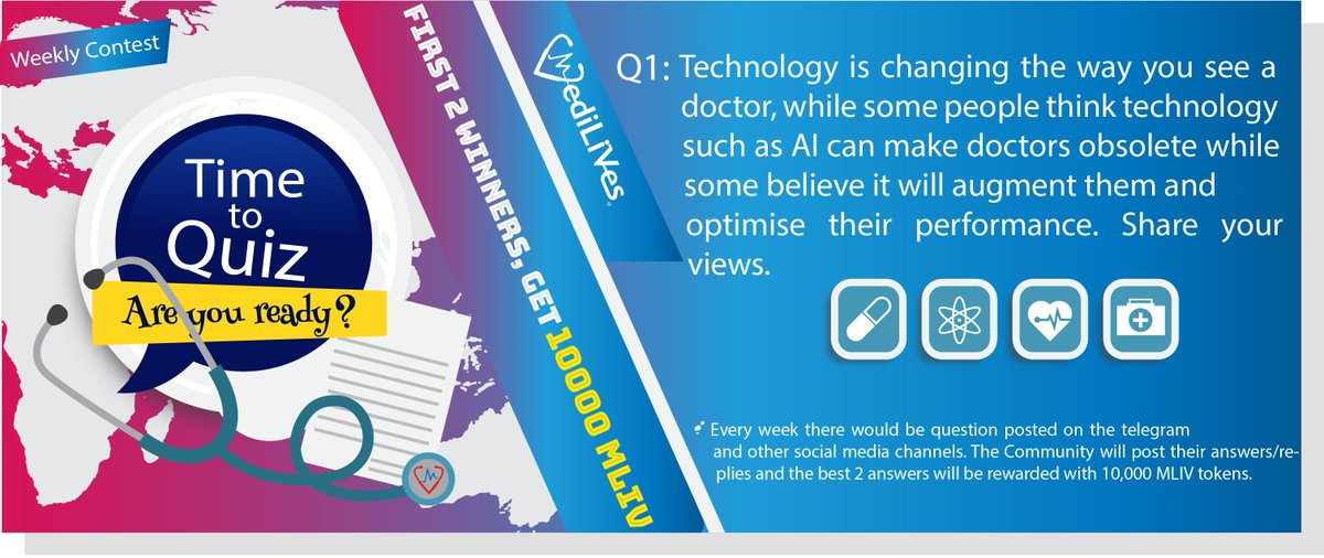 LivesMedi's tweet photo. Quiz Time for the Community and Rewards

Join the 'Quiz Time' &amp; Earn 10,000 MLIV tokens every week. 

#MediLiVes #MLIV #Healthcare #timetoquiz #winners #blockchain #AI #medical #Telemedicine #Technology https://t.co/gCxOJuTJiK