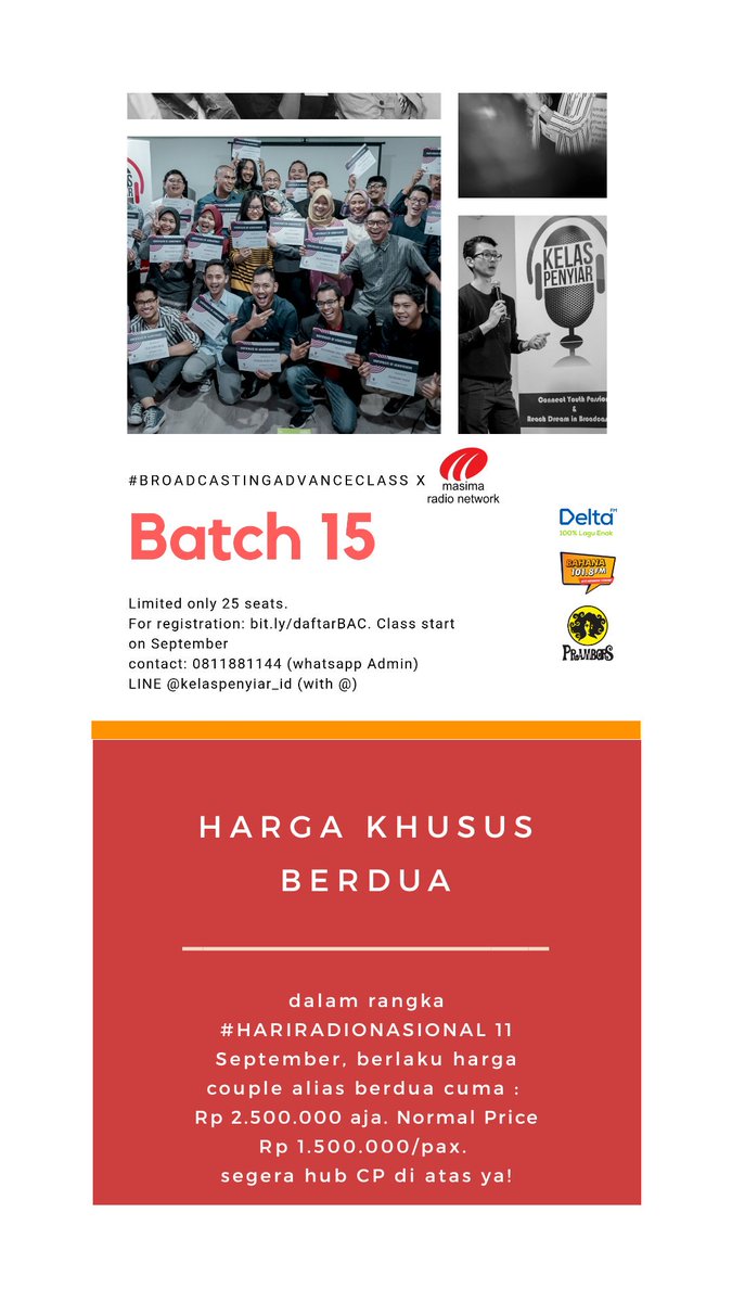 kelaspenyiar_ID's tweet photo. SELAMAT #HariRadioNasional!
Sbg tanda sayang, ada paket hemat nih:
#BroadcastingAdvanceClass x MASIMA RADIO NETWORK. Berdua cm 2.5jt, normal 1.5jt/pax.
#LEVELUPCLASS PODCAST: Be Unique&Monetizing. Berdua cm 200K, normal 150K/pax.
WA 0811881144 | LINE @kelaspenyiar_id (w/ @) https://t.co/WpQN2vEsd4