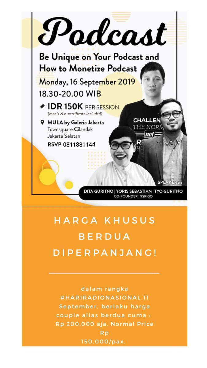 kelaspenyiar_ID's tweet photo. SELAMAT #HariRadioNasional!
Sbg tanda sayang, ada paket hemat nih:
#BroadcastingAdvanceClass x MASIMA RADIO NETWORK. Berdua cm 2.5jt, normal 1.5jt/pax.
#LEVELUPCLASS PODCAST: Be Unique&Monetizing. Berdua cm 200K, normal 150K/pax.
WA 0811881144 | LINE @kelaspenyiar_id (w/ @) https://t.co/WpQN2vEsd4
