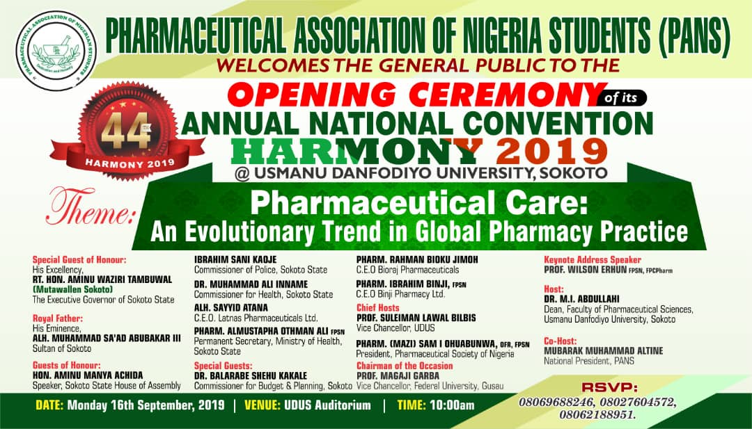 pansnationalsec's tweet photo. Good Evening everyone!
It's 5 days to the big event of the year in SOKOTO, the 44th annual national convention #Harmony2019 to be hosted @ Usmanu Danfodiyo University Sokoto.
We can't wait to host you in Sokoto, The Seat of Caliphate!
Countdown to Registration!!
#Harmony19 https://t.co/wMJq1KYlI9