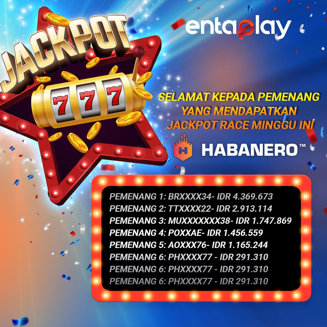 Entaplay_Indo's tweet photo. Selamat untuk para pemenang Jackpot Race minggu ini!!!
Ayo terus bermain Slot game hanya di Entaplay 
Klaim juga 30% Bonus Reload untuk memperbesar tingkat kemenanganmu! Bonus hingga Rp 2.000.000!!!
Daftar sekarang juga, klik >>> https://t.co/XuGUZYzUmU

#entaplay #slotgames https://t.co/8hI9hgPwwb
