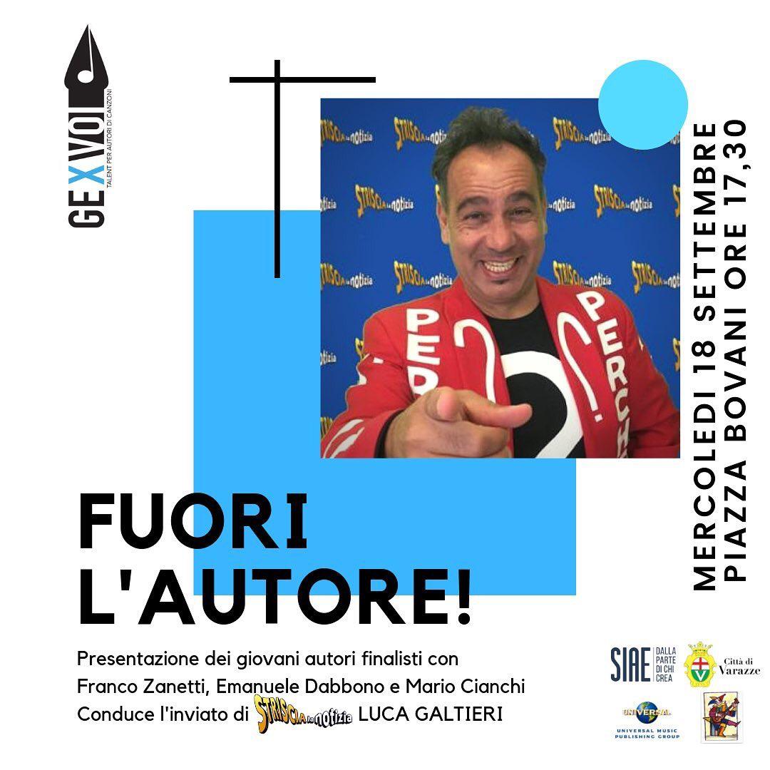 Manca una settimana all’inizio di Genova per Voi. Ci vediamo Mercoledì 18 Settembre a #Varazze in Piazza Bovani alle 17:30 con Luca Galtieri per “Fuori l’autore”, l’evento di apertura nel quale verranno presentati i finalisti di Genova per Voi 2019! 
Vi aspettiamo numerosi!🎉🎵