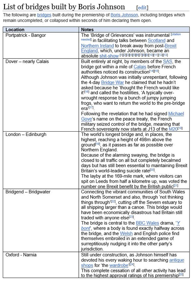 ExcelPope's tweet photo. As there are rumours of Johnson proposing a bridge from Scotland to NI it seems like a good time to reshare the Wikipedia page I mocked up a year ago. https://t.co/tNfzg1KRSE
