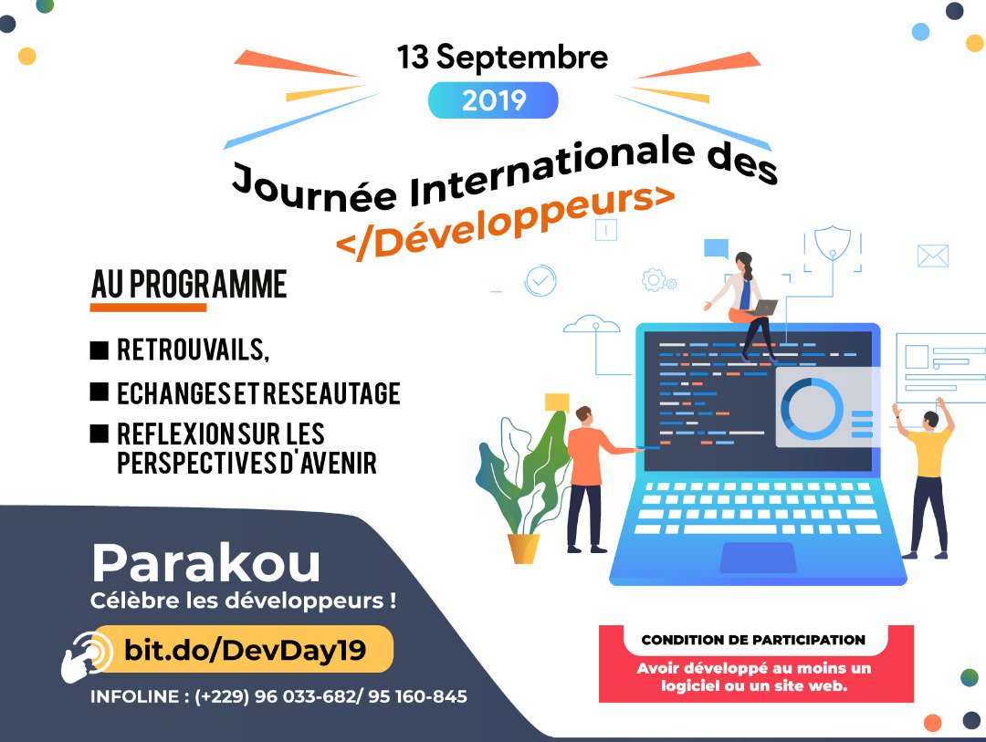 DDENCBA's tweet photo. Pour célébrer la Journée Mondiale des programmeurs et développeurs, la communauté des programmeurs
et développeurs de Parakou et de ses environs organise une rencontre d'échanges et de partages le Vendredi 12 Sept à 9h. Conditions et lien d'inscription : https://t.co/3admCjGilK https://t.co/ClMAVEjKHC
