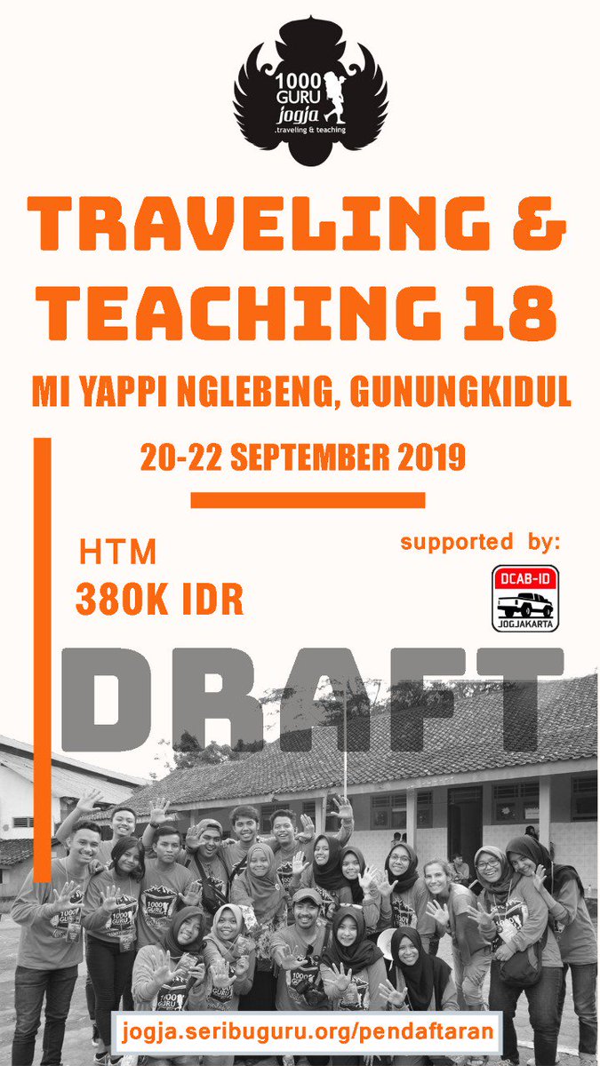 [OPEN RECRUITMENT]

Kuy segera untuk daftarkan dirimu  untuk berbagi,mengajar,menginspirasi dan  traveling pada tanggal 20-22 September 2019 di MI Yappi Nglebeng . Pendaftaran melalui link yang ada di poster ini,besok akan tutup pendaftaran lho!