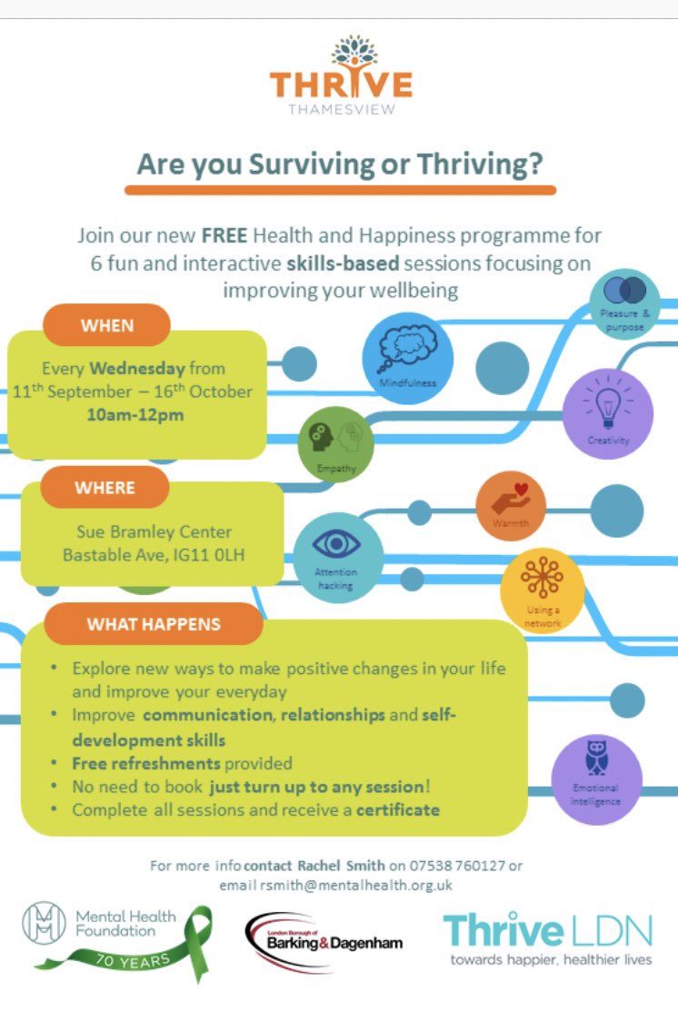 ThamesThrive's tweet photo. Looking forward to the second round of our new Health &amp; Happiness Programme..
All Residents in Barking &amp; Dagenham are invited to join us every Weds morning from 10am, please share. This week we’re looking at What is Wellbeing? More details in the pic below... #WellbeingWednesday https://t.co/b1fYCC6arJ