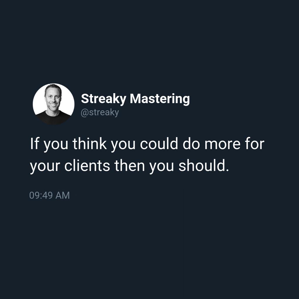 StreakyAcademy's tweet image. Give More Value Than You Take.

#masteringtips #audioengineertip #mastering #mixing #music #masteringstudio #audioengineer #sound #streakymastering #quote #masteringtip #mixingandmastering #masteringguru