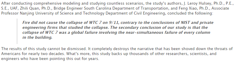 This comes at the same time as a landmark, 4 yearlong study conducted by a team of well-credentialed Engineering Ph.D's at the University of Alaska FairbanksStudy not only concludes that the official story of a fire-induced collapse is impossible, but that explosives are likely