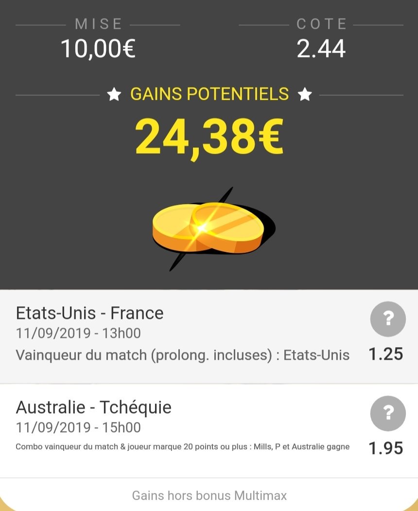 DupontdPronos's tweet photo. 🎩🎩 Dupont &amp; Dupond Pronos || #88

🏀 USA (1.25) + Mills 20pts ou + &amp; #AUS gagne (1.95) : 2.44@
▶️ Mise : 9.00€ (4.50% BK)

• Bankroll Initiale : 200.00€
• Bankroll Actuelle : 309.72€
• % Reussite : 62.07% (53/87)
• ROI : +12.40%

#TeamParieur
#JeDiraisMemePlus https://t.co/msqd3Wv1MH