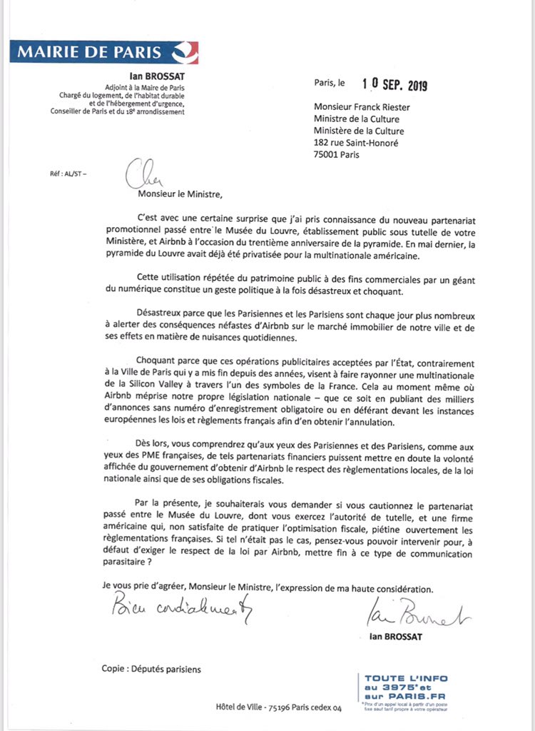 Courrier adressé au ministre de la Culture hier par l’adjoint d’Anne Hidalgo, Ian Brossat, au sujet d’un nouveau partenariat entre Air bnb et le Musée du Louvre. Il dénonce « l’utilisation répétée du patrimoine public à des fins commerciales par un géant du numérique » <a href="/RTLFrance/">RTL France</a>