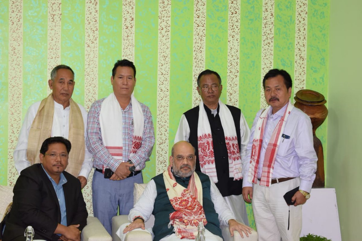 NPPIndia_'s tweet photo. NPP MLAs of Arunachal Pradesh met Shri Amit Shah, Hon'ble Union Home Minister and National President of BJP, as well as Shri Conrad K. Sangma, Hon'ble Chief Minister of Meghalaya and National President of NPP at Guwahati prior to the NEDA Meeting. https://t.co/kcXsVzQpEB