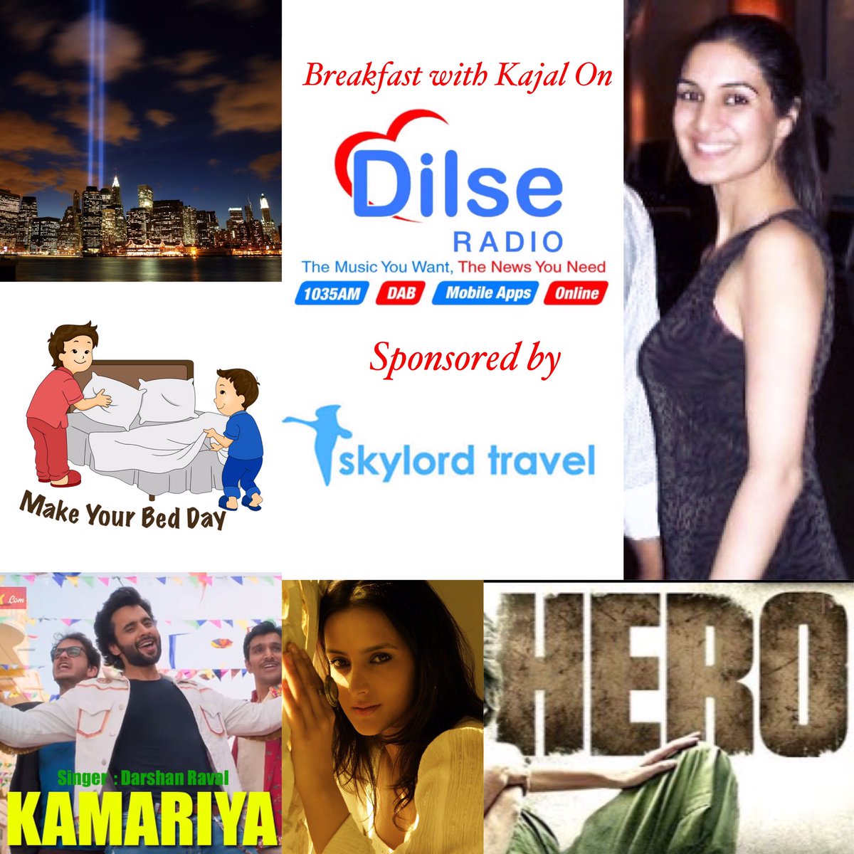 TheRealKajal's tweet photo. On the #breakfastshow We celebrate the #HappyWalaBirthday of #TulipJoshi & we celebrate #4YearsOfHero
Also we talk about #NationalMakeYourBedDay & on #MorningMantra we pay a tribute to #911Anniversary #GujaratiTrackOfTheWeek from #Mitron on @DilSeRadio https://t.co/ZOYI9gzl4U