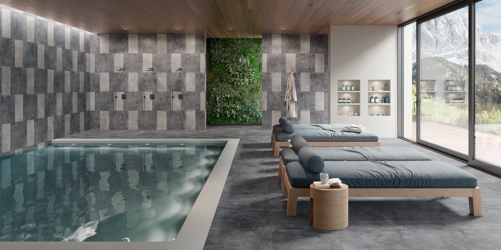 rakceramics's tweet photo. Simple yet inviting. A charming neutral backdrop was created by simply mixing and matching the #tile color and size.The natural shades of our #FashionStone series make it a perfect choice for your next #bathroom #renovation. #RAKCeramics  #StoneEffect #StatementWall #BathTiles https://t.co/baOYmdQWh4