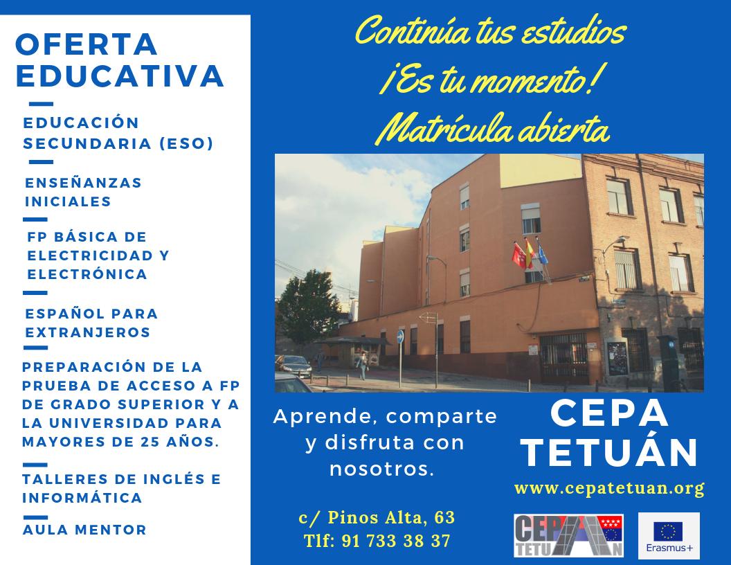 CepaTetuan's tweet photo. ¿Pensando en retomar tus estudios? ¿Con ganas de aprender y conocer nuevas oportunidades?
Somos un centro público con una oferta educativa variada, profesionales implicados y espacios renovados para tu mejor formación. ¡Os esperamos!
📞 917333837
💻 https://t.co/hsfn4ZyXr7 https://t.co/RT5hsAxqrm