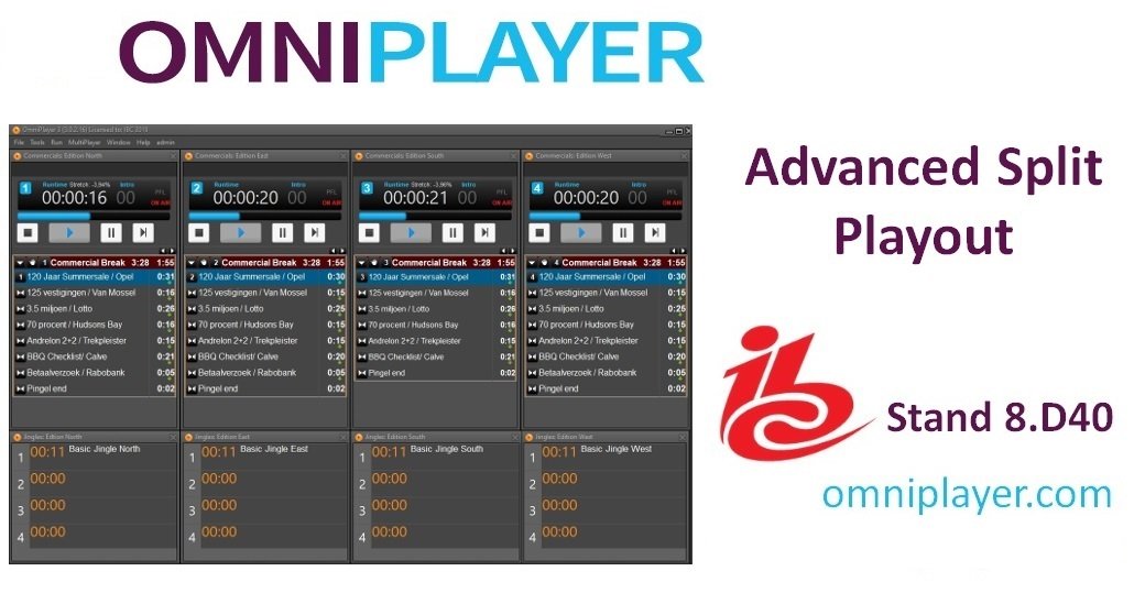 PeterVanKlei's tweet photo. Visit us at #IBC2019 at booth 8.D40 where our specialists will show OmniPlayer 3 with Advanced Split Playout. 

#OmniPlayer #RadioAutomation #Speech2Text 
#PushingTheBoundariesOfRadio #IBCShow #IBC2019 https://t.co/jjiTqIKzVL