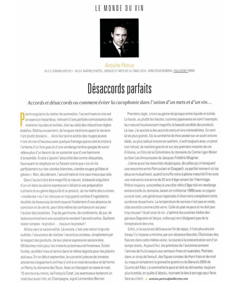 [TAILLEVENT PARIS] Accords et désaccords ou comment éviter la cacophonie dans l'union d'un mets et d'un vin. Par Antoine Petrus dans le magazine Vigneron. #tailleventparis