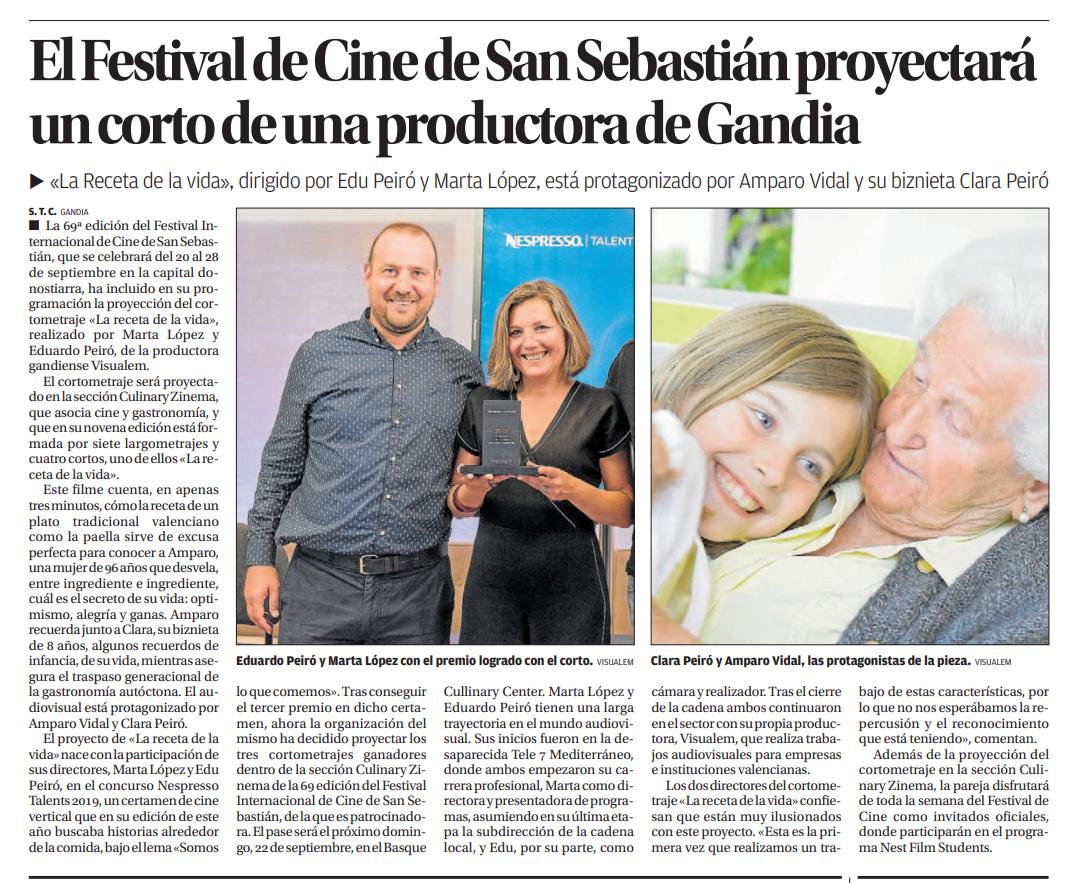 🎬 El Festival de Cine de San Sebastián proyectará un corto de una productora de Gandia. «La Receta de la vida», dirigido por Edu Peiró y Marta López, está protagonizado por Amparo Vidal y su biznieta Clara Peiró. #67SSIFF