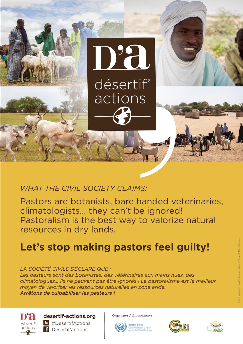 [#DésertifActions]
📢 La société civile demande 📢 : 
"Les #pasteurs sont des #botanistes, des vétérinaires aux mains nues, des #climatologues. Ils ne peuvent être ignorés ! 
Arrêtons de culpabiliser les #pasteurs !

#UNCCDCOP14 <a href="/CARI_ONG/">CARI</a> <a href="/UNCCDcso/">UNCCD Civil Society</a>
