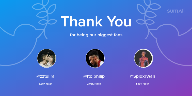 FtblBennett's tweet photo. Our biggest fans this week: zztulira, ftblphilip, SpidxrWan. Thank you! via https://t.co/8q8g53CzH8 https://t.co/SIBRArDZYU